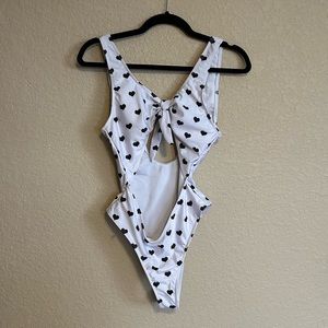 Women’s M One Piece Cut Out Bathing Suit Hearts and Tie Top